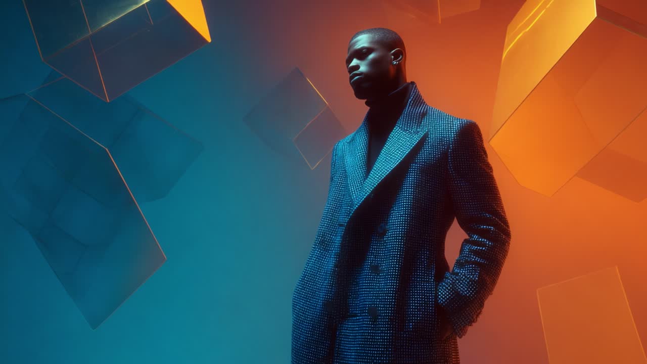 A Stylish Portrait of a Man in a Geometric Setting, Showcasing a Bold Fashion Statement with a Contemporary Coat Amidst Vibrant Color Gradients and Abstract Cubic Shapes, Capturing Modern Aesthetics