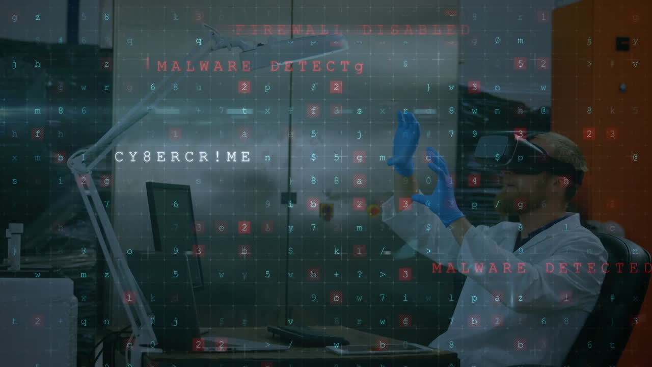 Animation of cyber attack warning over scientist with vr headset