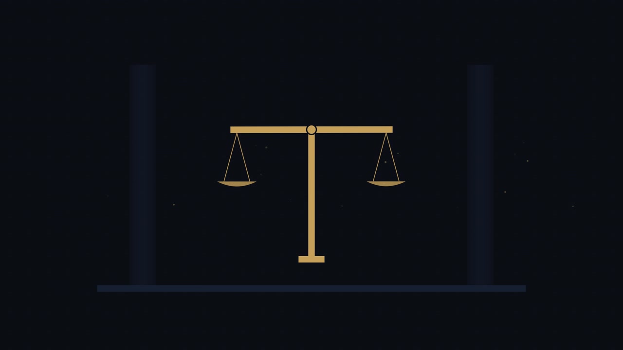 Bilancia della giustizia dorata animata in equilibrio su sfondo scuro