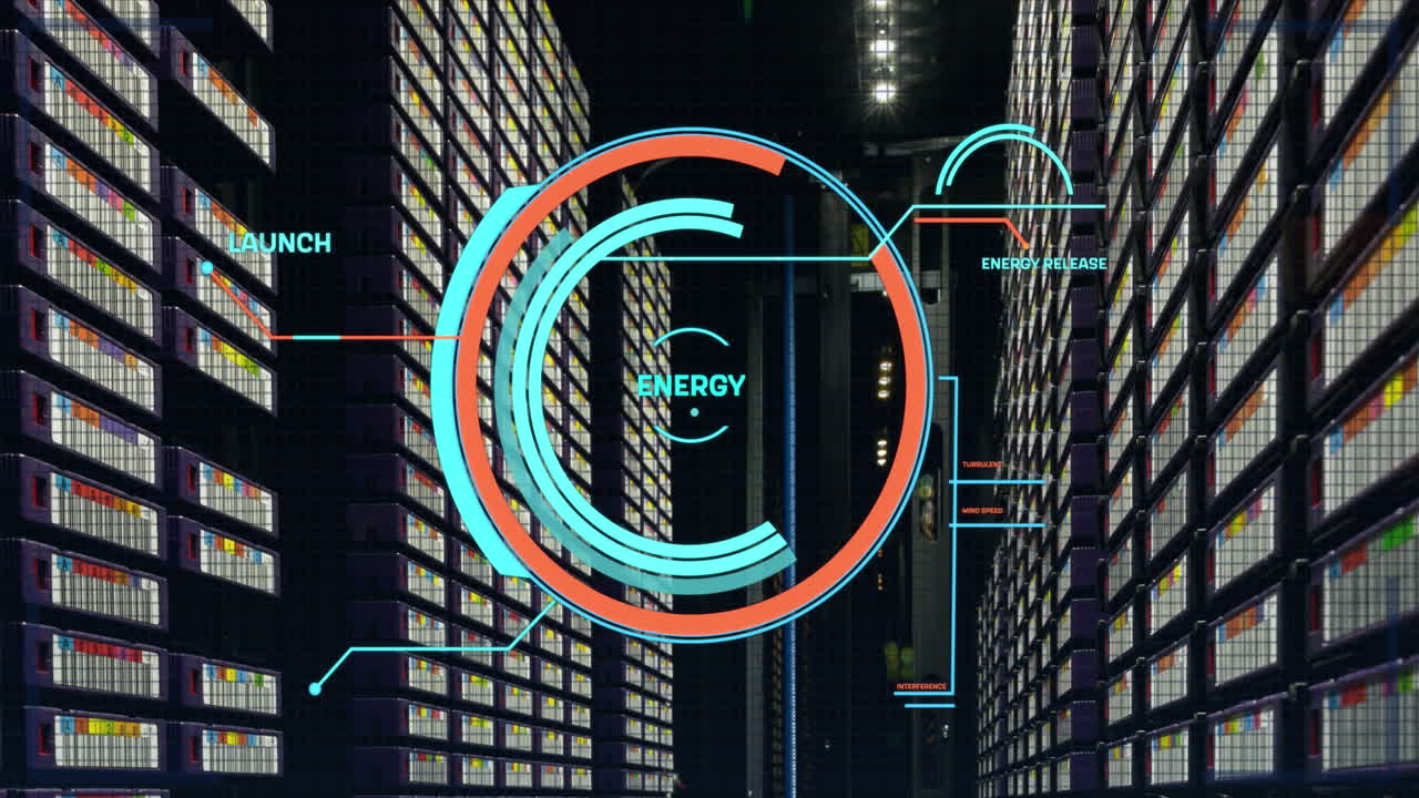 Animation of round scanner and data processing against computer server room