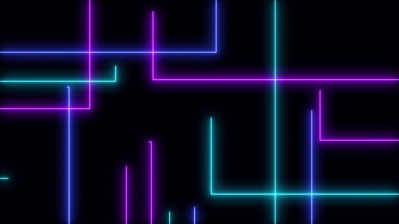 Cornice neon luminosa Sci-Fi anni '80 in stile astratto su sfondo nero. Animazione in loop di laser show. Video 4K.