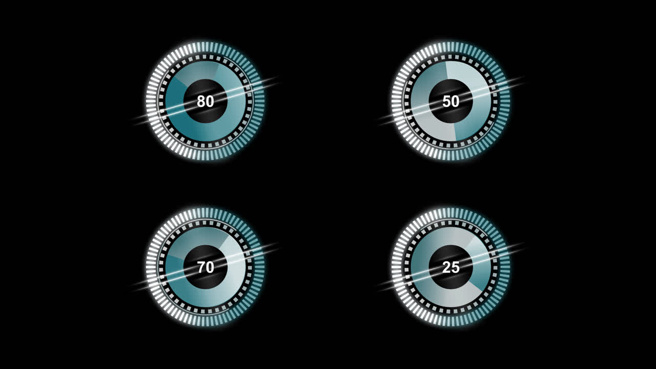 Alpha Channel of 4K futuristic HUD animation of progress circles (80, 50, 70, 25) with glowing digital effects. Ideal for technology, data visualization, dashboards, UI, UX, and infographic projects