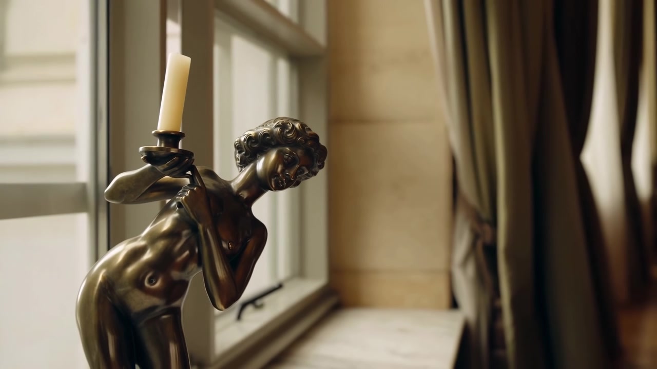 Statua di bronzo che tiene una candela vicino a una finestra, luce soffusa del mattino, tende drappeggiate, toni caldi, profondità di campo cinematografica