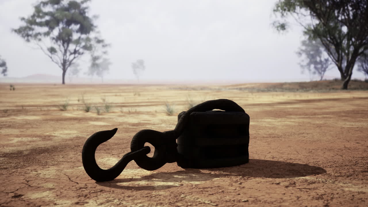Rusty hook rests on cracked earth under a cloudy sky at a remote location
