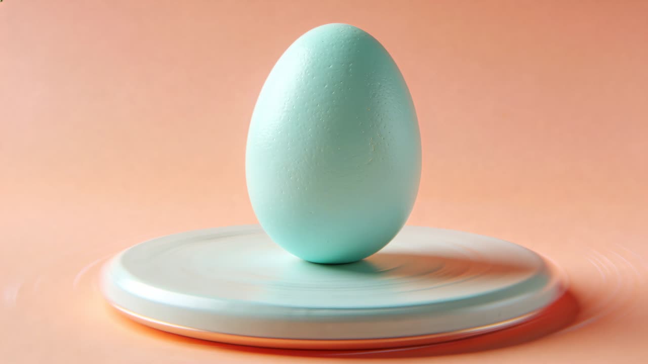 Motor starting, platform rotating clockwise on tabletop, showcasing seafoam egg for product shot