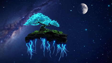floating bonsai tree in the night sky