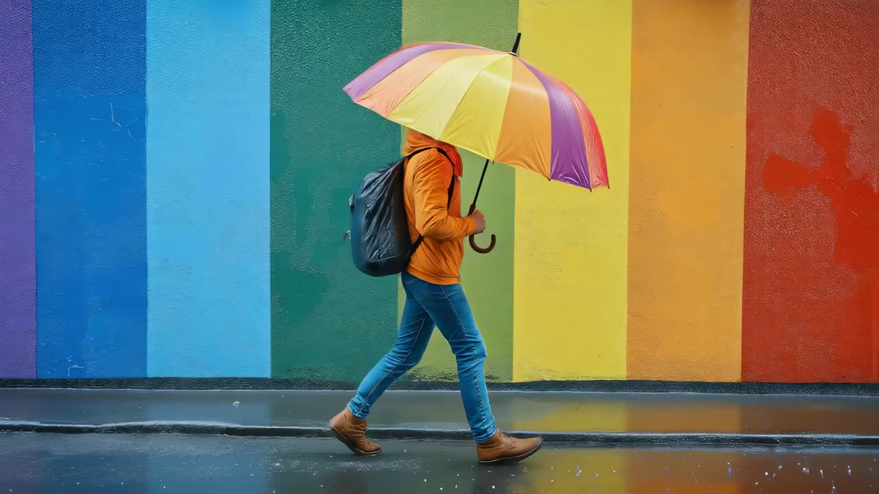 Young student walking confidently with rainbow umbrella along urban street, standing in front of vibrant wall displaying lgbtq plus pride colors and symbolic flag