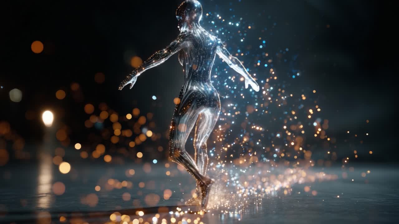 A mesmerizing digital figure gracefully glides through a trail of sparkling lights, embodying a fusion of art and technology in a stunning display of movement and brilliance