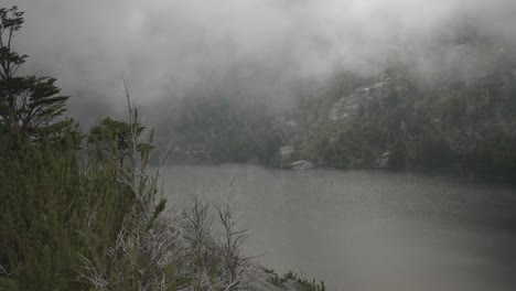 a lake in the distance on a rainy day