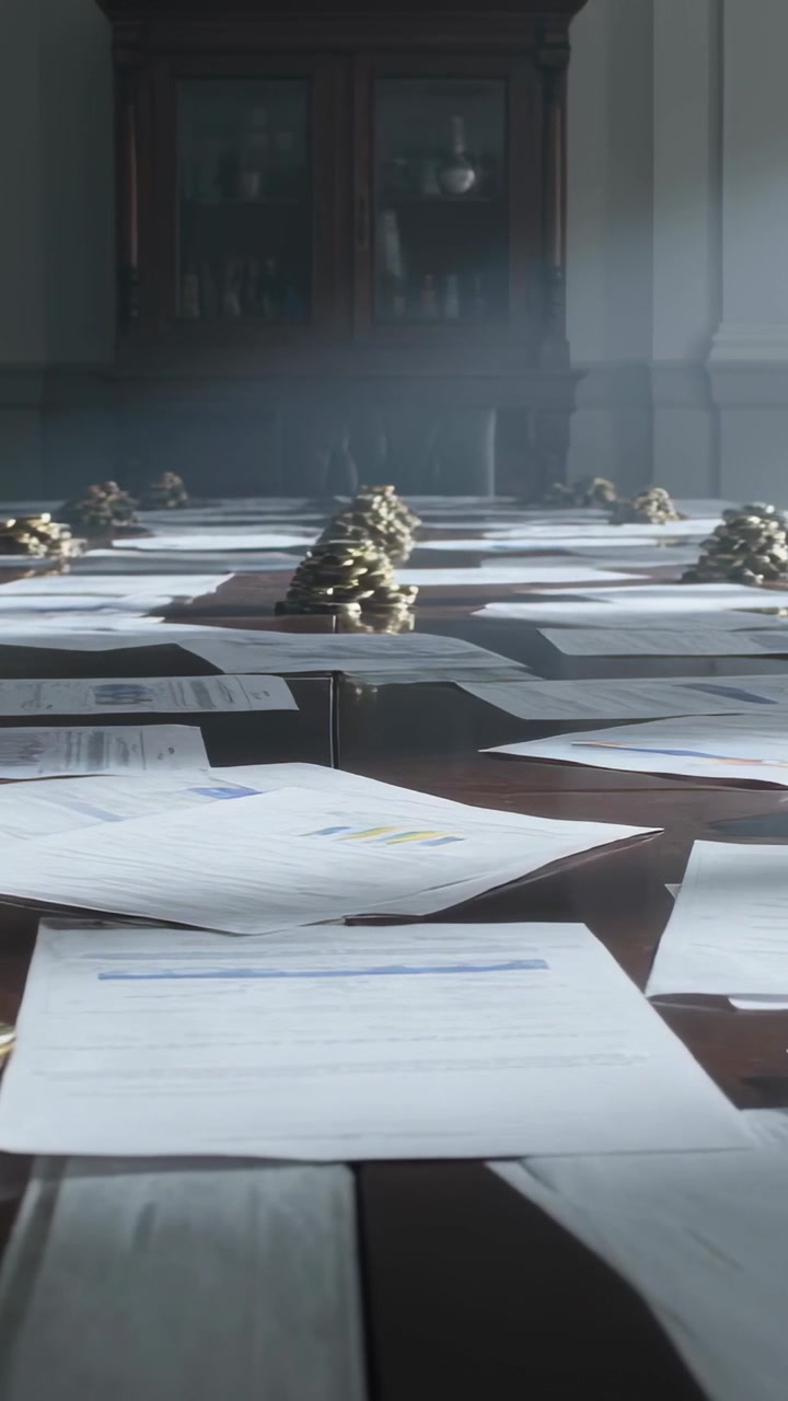 Vertical video: Pulling back camera showing coin stacks on documents in boardroom for audit