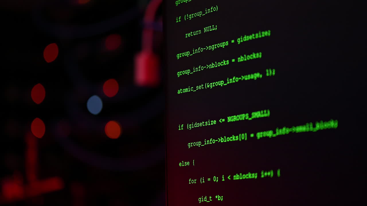 Close up of code on a screen in a server room with flashing red lights
