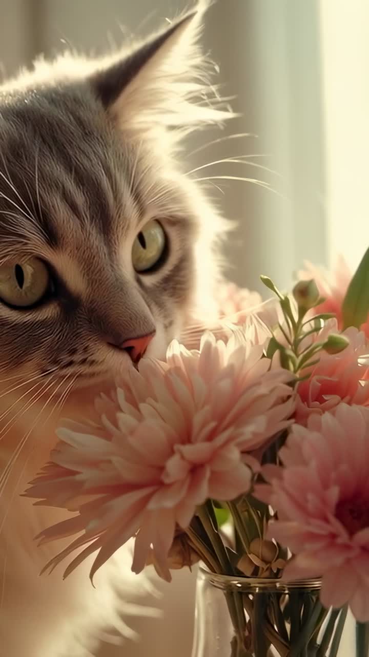Video verticale: gatto che annusa e si sposta sul davanzale dopo aver notato un movimento all'esterno, con un vaso accanto