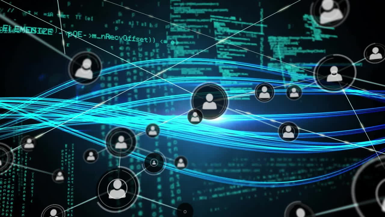Animation of network of connections with icons and data processing over dark background