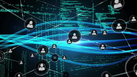 Animation-of-network-of-connections-with-icons-and-data-processing-over-dark-background