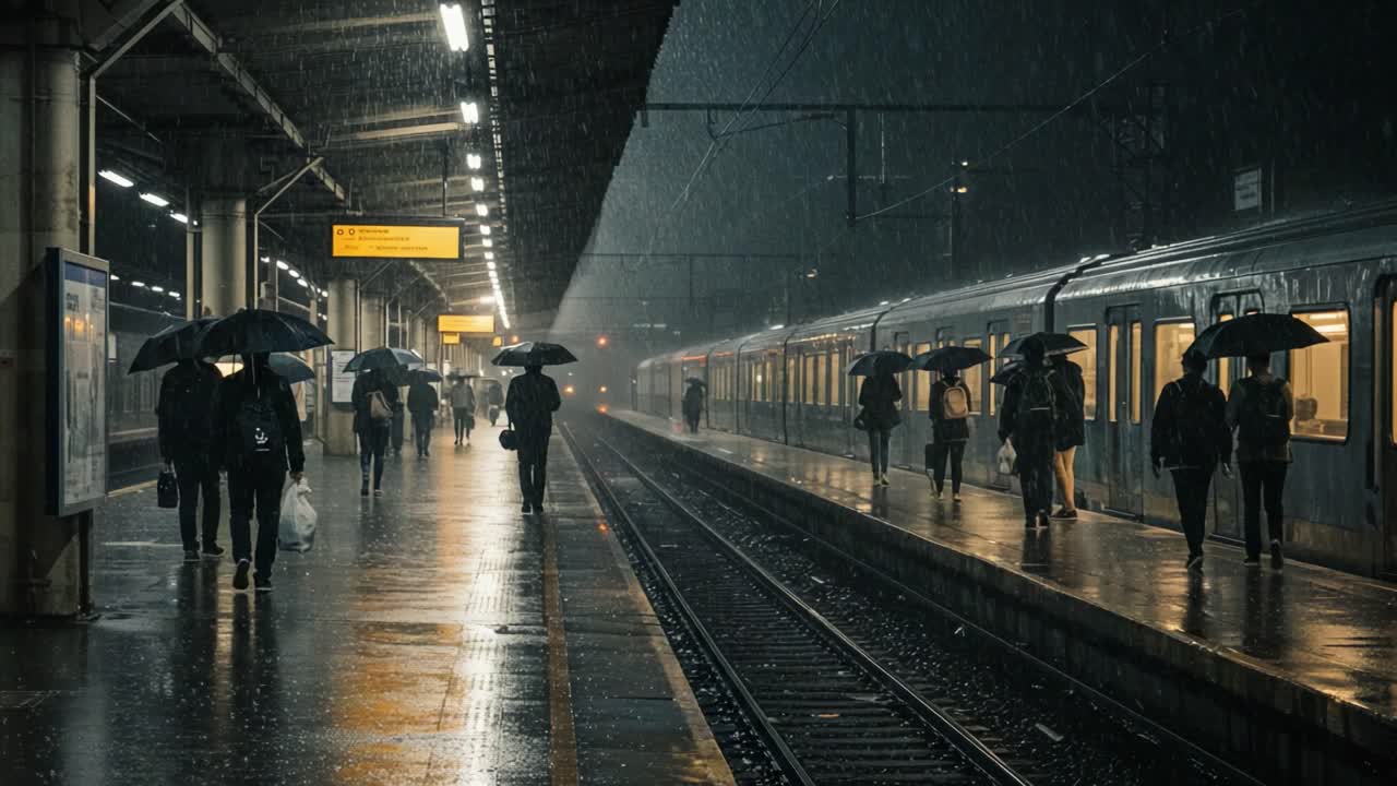 Rainy Night at a Train Station with People and Umbrellas