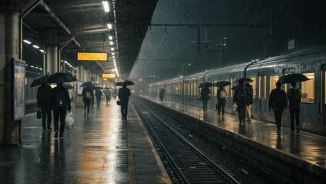 rainy night at a train station with people and umbrellas