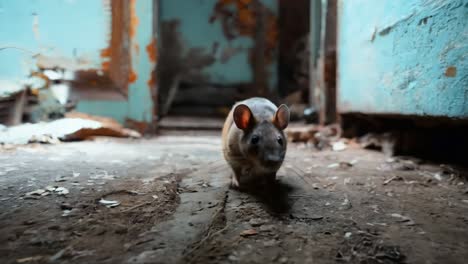 una rata de pie en el suelo en un edificio abandonado