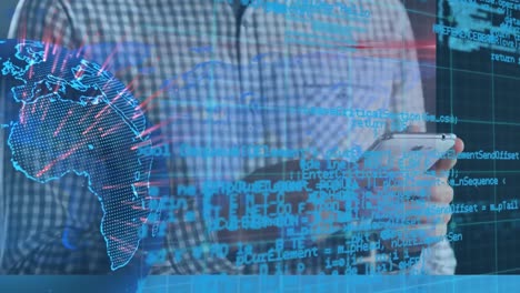 animación de la red mundial de conexiones y procesamiento de datos a través de un empresario que usa un teléfono inteligente