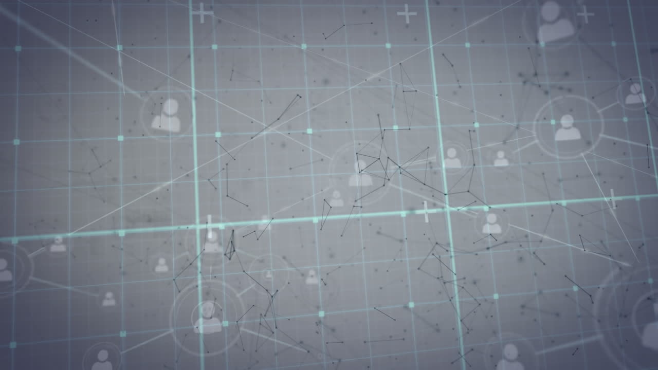 회색 바탕에 그리드 네트워크를 통해 연결 네트워크와 프로파일 아이콘의 애니메이션