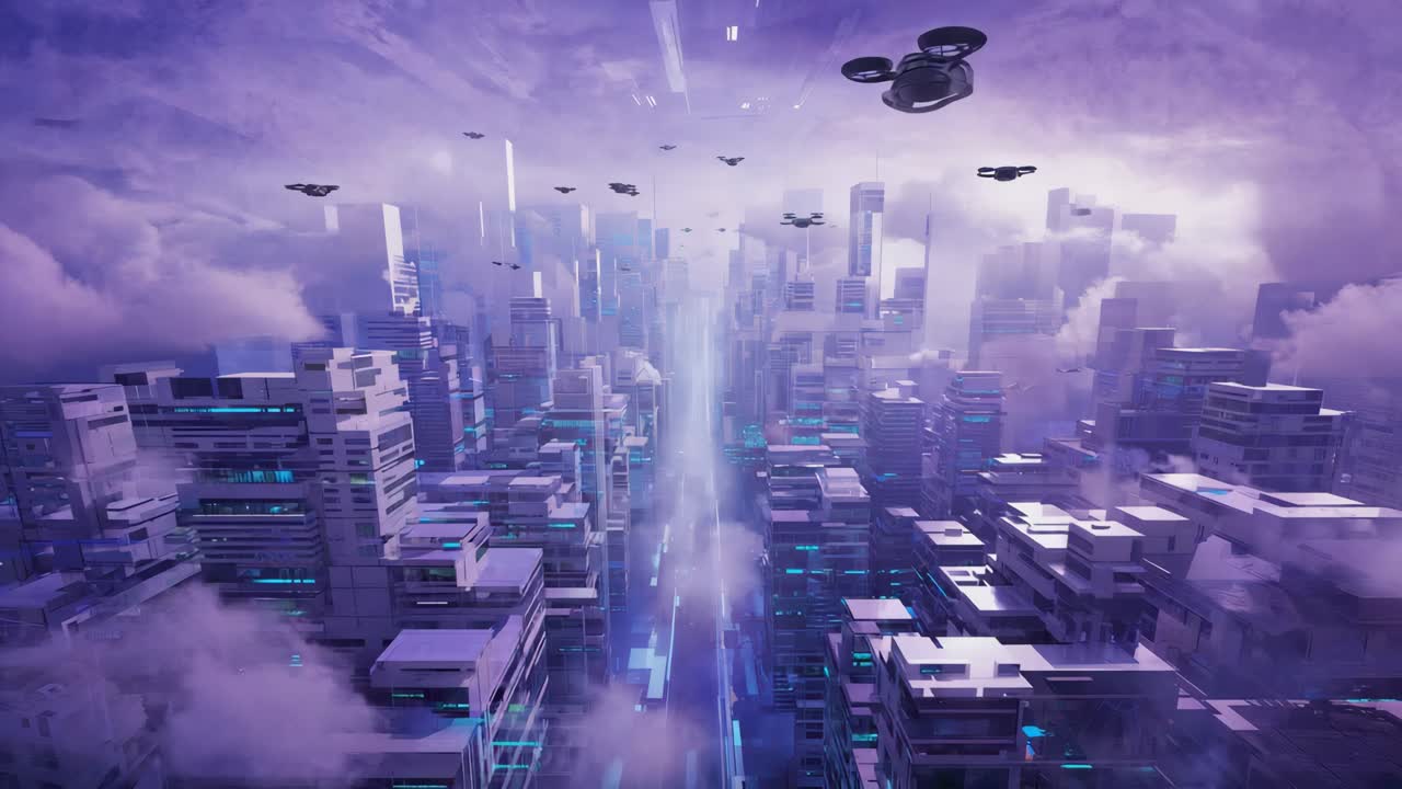 Futuristic Cityscape with Flying Drones