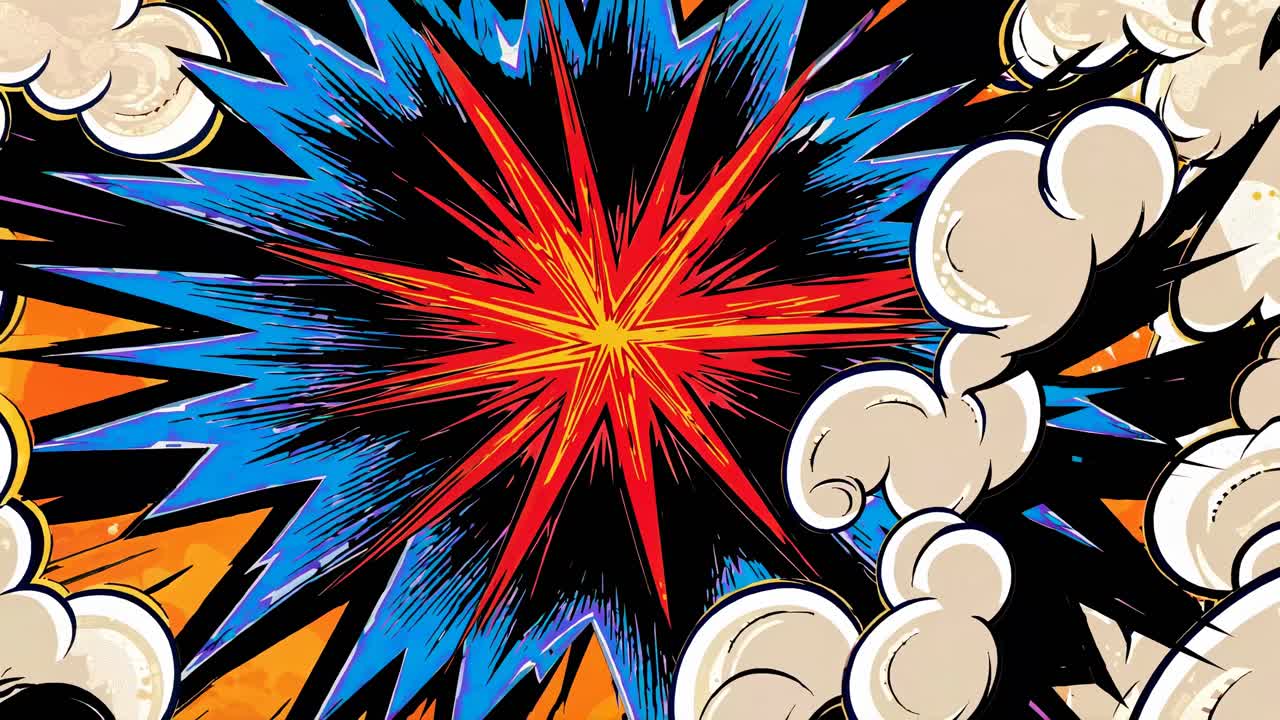 Dynamic comic-style explosion with bold colors and dramatic lines, viewed from a frontal angle
