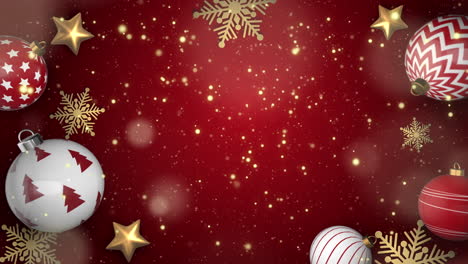 christmas tree 3d decorations, balls, gold stars on red animated background with snowflakes and bright bokeh. looped motion graphics. place for text.
