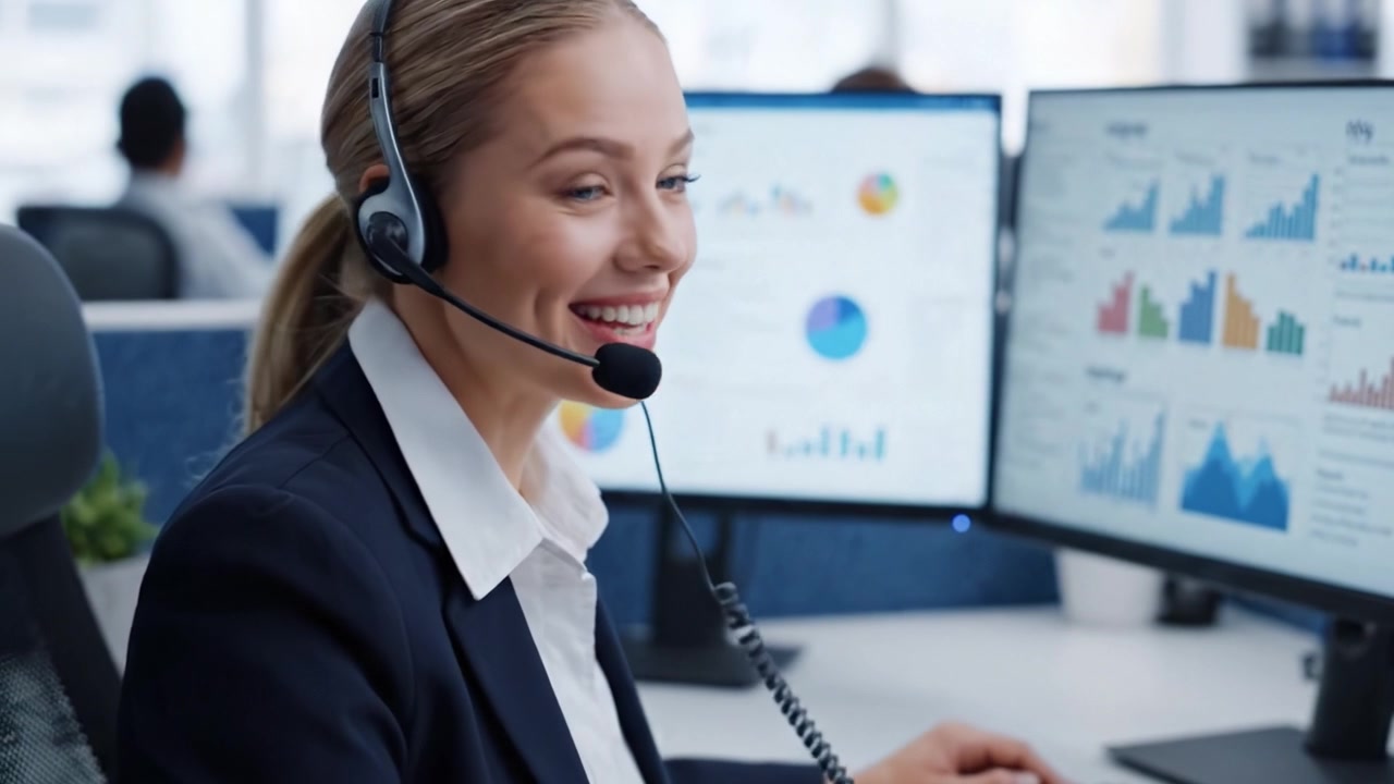 Una donna professionista in un moderno ambiente d'ufficio, che interagisce con i clienti tramite cuffie mentre analizza dati su più monitor pieni di grafici e diagrammi