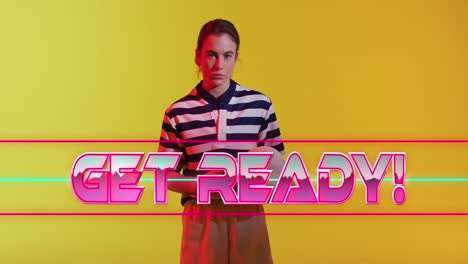 animation of get ready text over female rugby player on neon background