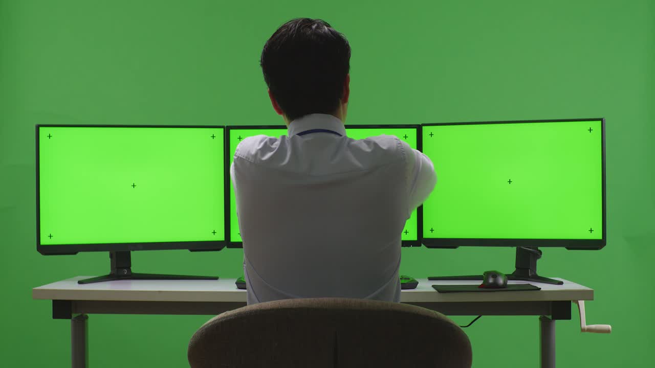 다중 컴퓨터 모니터에서 일하는 사람