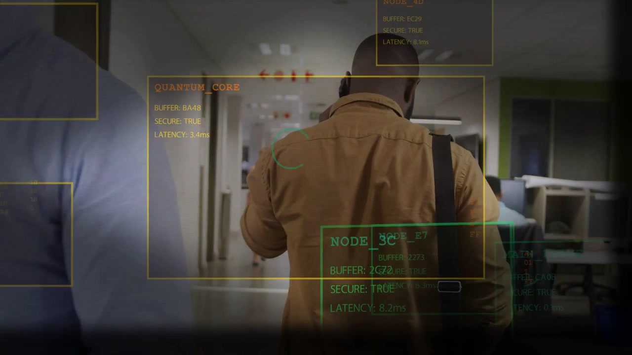 Vertical video: HUD activating marking man walking hall calling, showing QUANTUM_CORE latency