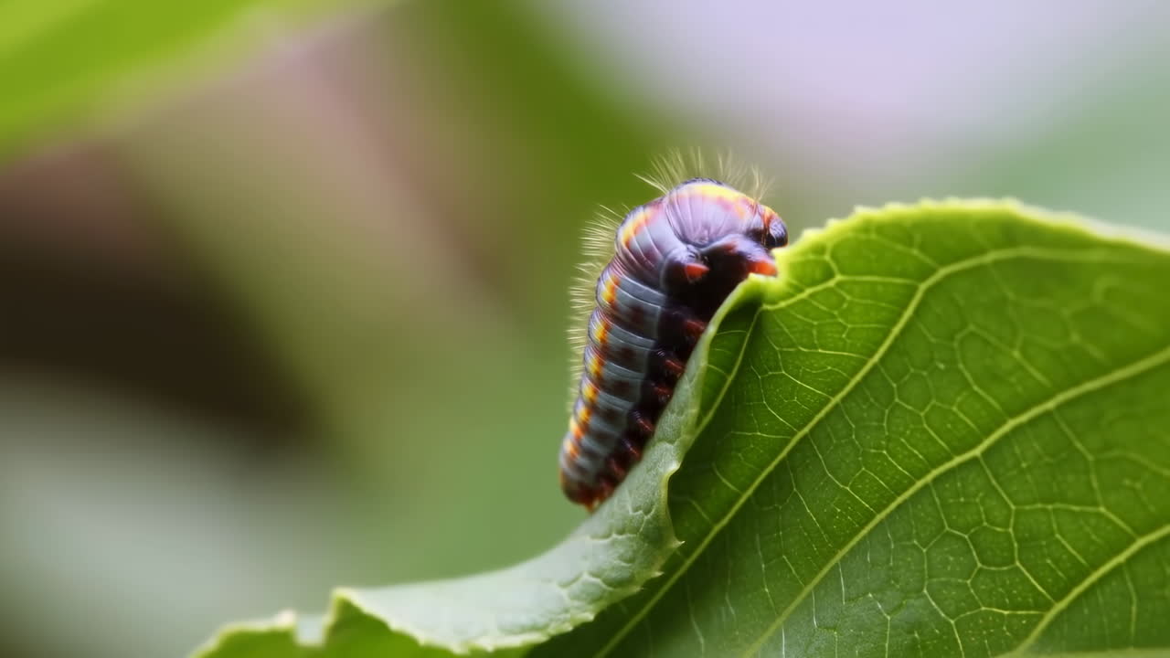 Primo piano di bruco su foglia verde, piccola larva pelosa a strisce che si nutre lungo il bordo della foglia, texture delle venature dettagliata.