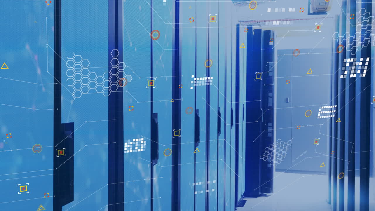 Server rack corridor showing streaming data overlays in 3D render, with hexagonal grid icons
