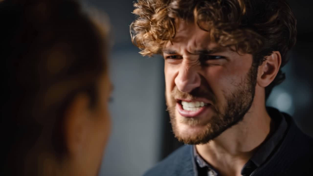 Intenso confronto tra due individui con emozioni accentuate e caratteristiche facciali espressive, catturato in primi piani drammatici.