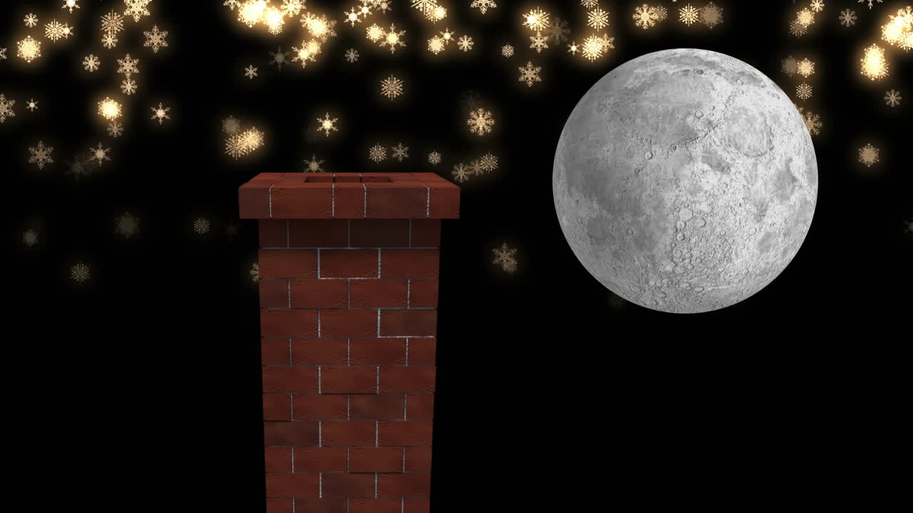 Animazione di un paesaggio natalizio invernale con camino, neve che cade e luna