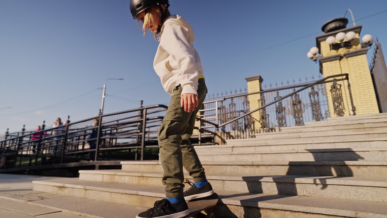 Bambino che fa skateboard sulle scale in un parco