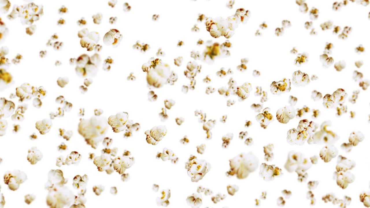 색 배경에 많은 팝콘을 날리는 색 소금 팝콘 건강한 음식 옥수수 씨 팝콘 회전의 3d 루프 애니메이션