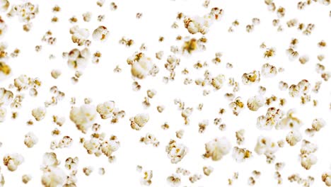 volando muchas palomitas de maíz sobre un fondo blanco. palomita de maíz blanca salada. comida saludable. semilla de maíz. animación de bucle 3d de palomitas que giran.