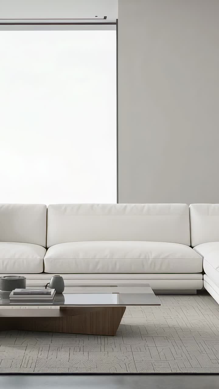 Vertical video: Featuring white sectional sofa resting on rug in living room, with coffee table
