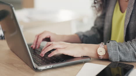 business woman, laptop and hands typing