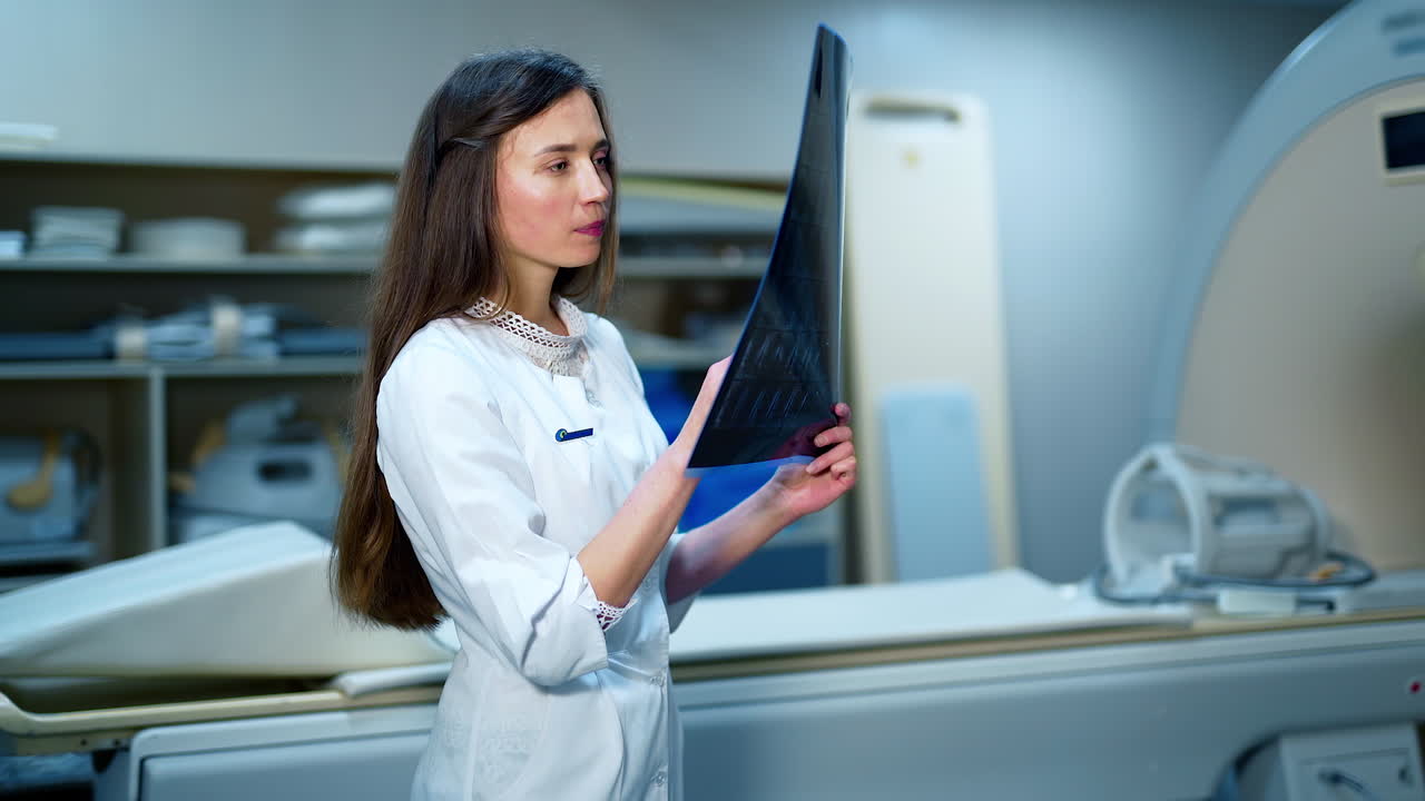 Professional female doctor with x-ray scan. Young woman in medical uniform looking at x-ray photo on the background of MRI machine in hospital.