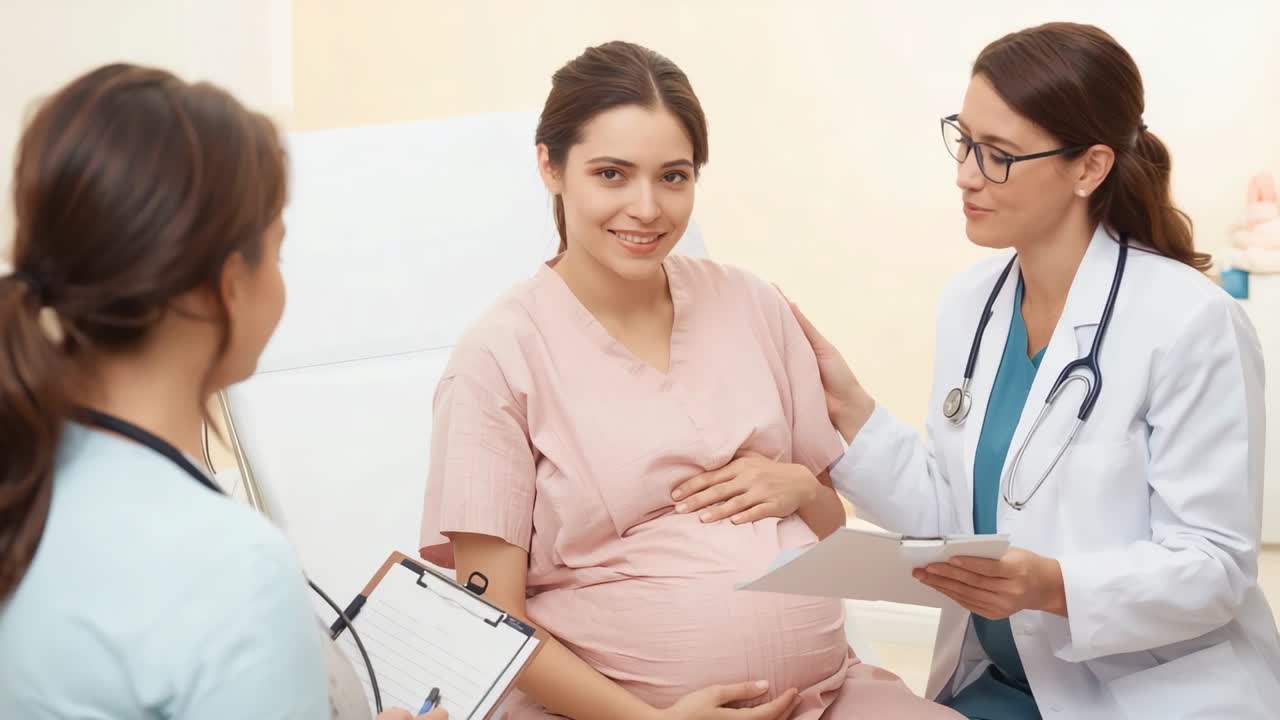 Greeting doctor and nurse inviting pregnant patient onto exam bed, reviewing chart for checkup