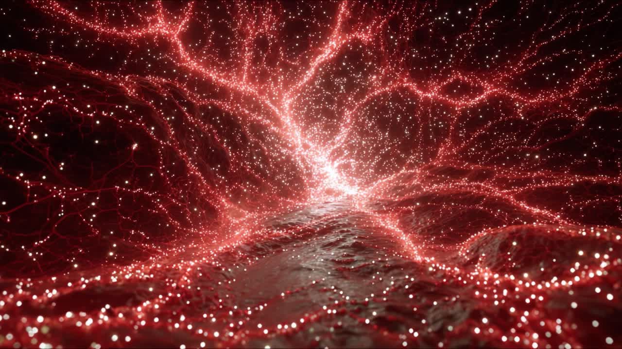 An Intricate Journey Through a Brilliant Web of Red Neural-Like Patterns, Illuminated by Twinkling Sparks and Surging Energy, Capturing the Essence of Dynamic Flow