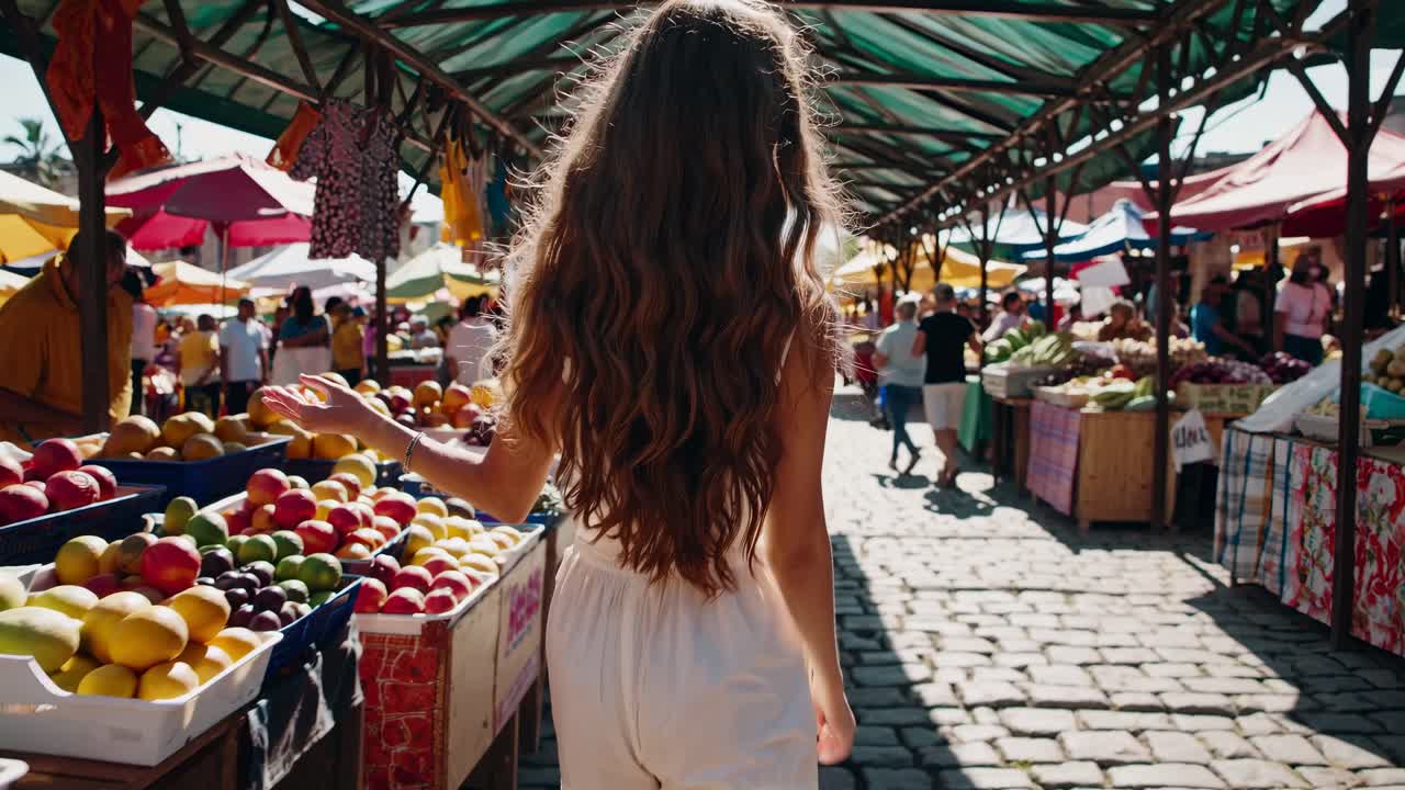 Una donna dai capelli lunghi cammina attraverso un vivace mercato. Ripresa da dietro all'altezza degli occhi.