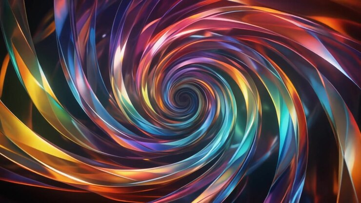 Espiral Abstrata Rotativa de Fitas de Vidro Translúcidas Coloridas