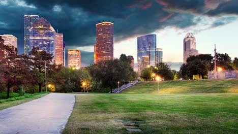 time lapse video of houston, texas, usa downtown park and skyline at sunset