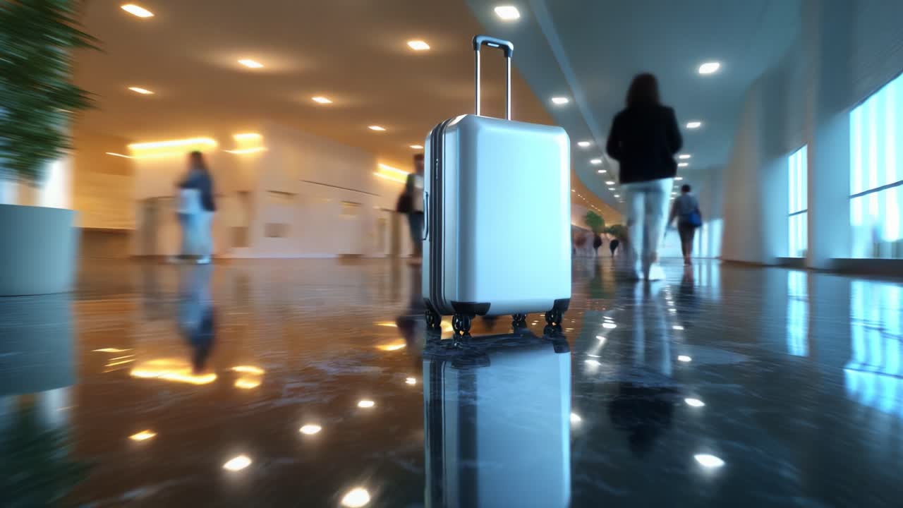 A Glimpse of Travel: A Standalone Suitcase in an Airport Terminal Surrounded by Passengers, Focusing on Movement and Anticipation While Capturing the Essence of Modern Travel and Journeys Beyond