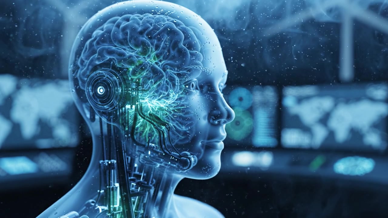 Futuristic Cybernetic Brain: A Deep Dive into the Intersection of Humanity and Technology with an Advanced Robotic Head and Neural Processing in a Digital Landscape