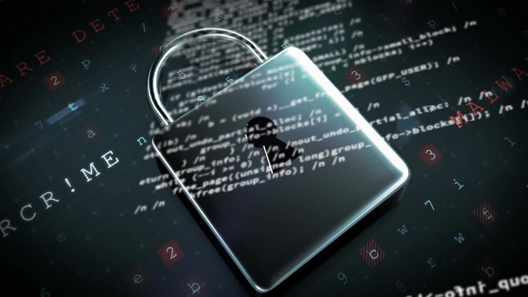 Animation of padlock and data processing on black background