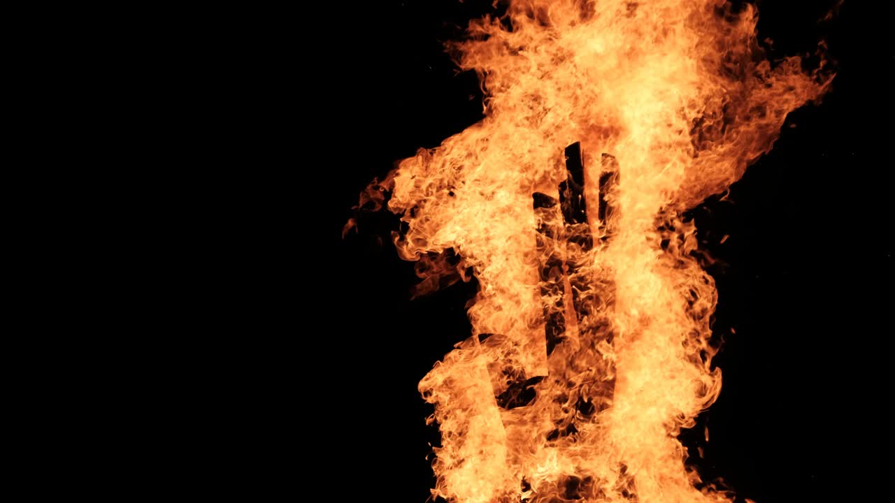 밤에는 자연의 검은색 배경에서 느린 동작으로 큰 불꽃이 불타고 있습니다.