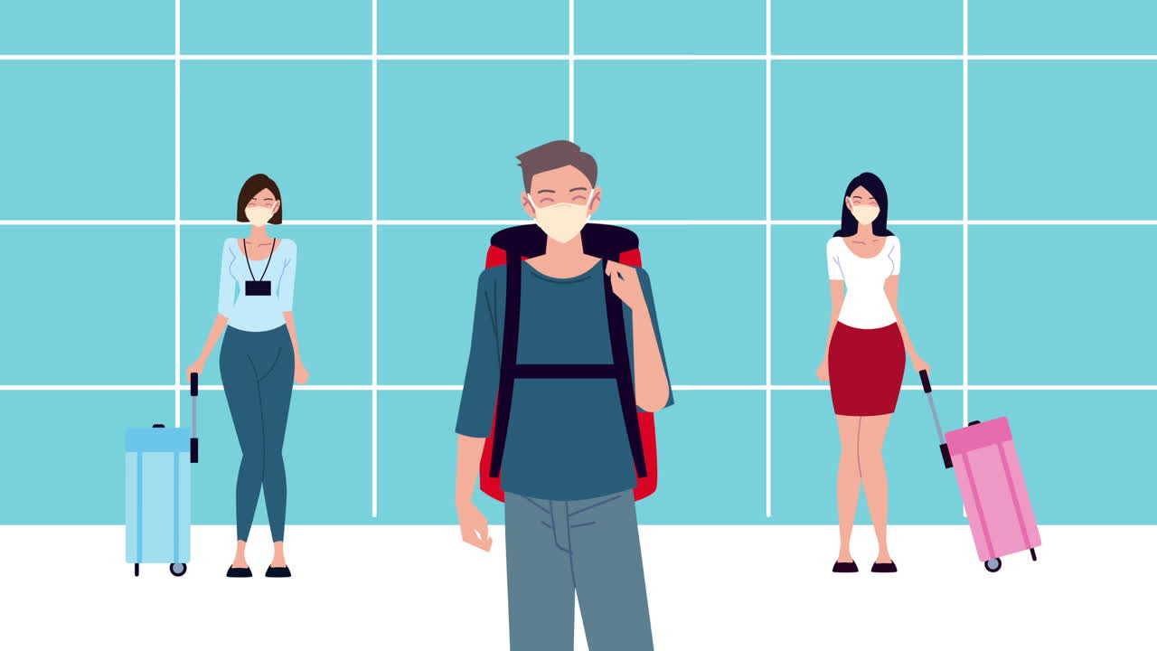 viajeros con máscaras en el aeropuerto